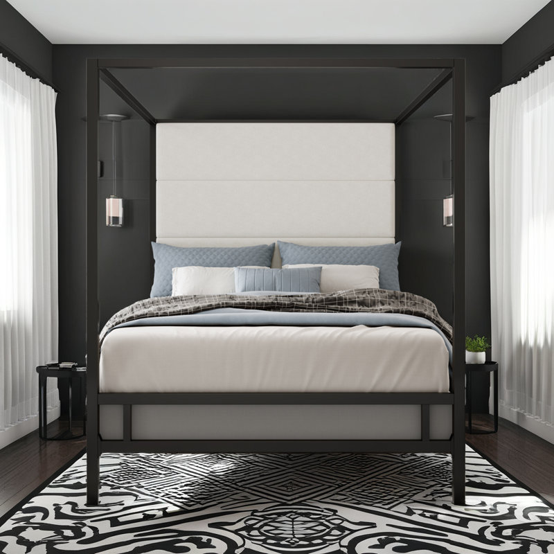Marlowyn Canopy Bed – Metal Frame with Soft Headboard, Box Spring Required, White, Queen