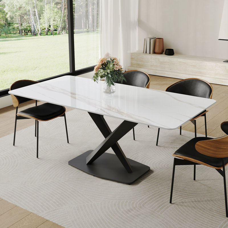 71" Modern Retangular Dining Table for 4-6, Glossy White Faux Marbke Table top, X-Shaped Stainless Steel Legs, Black