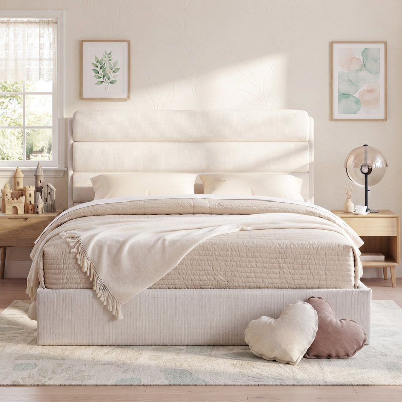 Upholstered Lift-Up Storage Platform Bed, Queen, Ivory