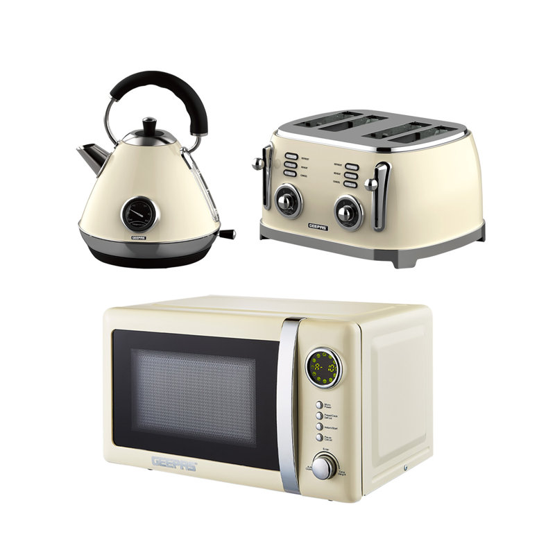 GEEPAS Retrovive 1.7L Electric Kettle, 4 Slice Bread Toaster & 20 Litre 700W Digital Freestanding Microwave Oven Kitchen Combo Set | 3000W Vintage Cordless Kettle | Defrost/Reheat/Cancel 1500W