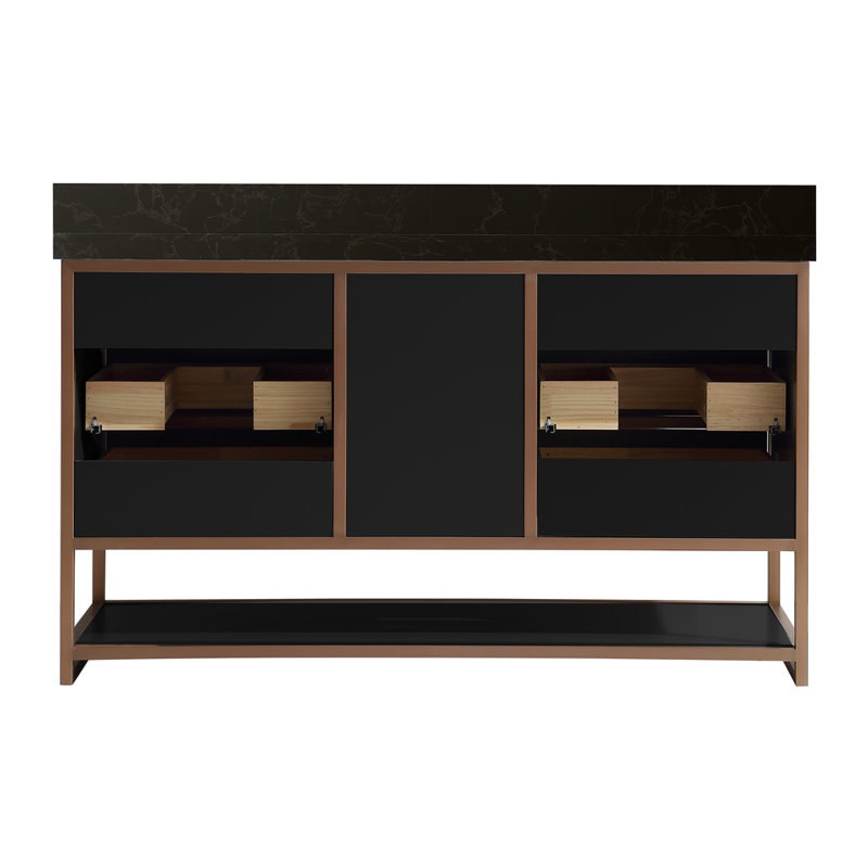 72" Double Vanity With Golden Brush Stainless Steel Frame And Tricorn Black Finish With 2' Thick Black Natual Stone Top, Gray