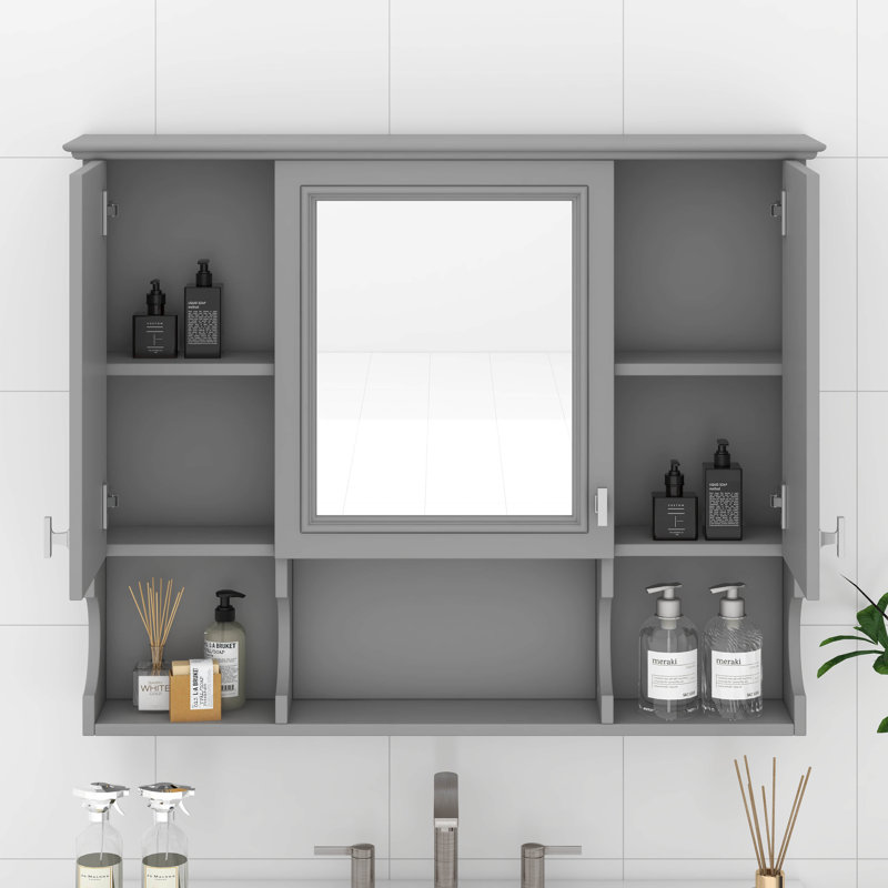 Armoire de salle de bain avec miroir, armoire à pharmacie murale avec tablettes réglables et espaces ouverts, armoire de rangement pour salle de bain 35 "x 28"