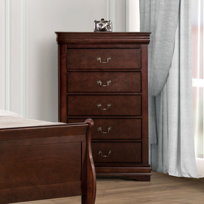 Commode de style transitionnel cerisier foncé avec pieds de support et queue d'aronde anglaise pour la chambre à coucher