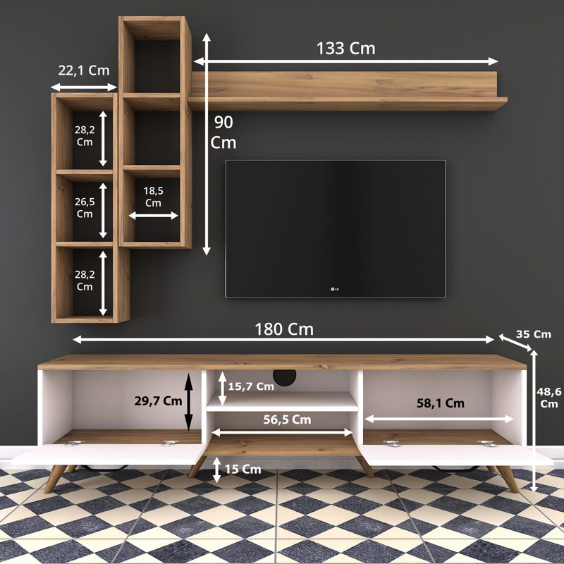 Husnu Entertainment Center for TVs up to 55", White/Walnut, 1 TV Stands, 1 Middle Shelf and 1 Wall Shelf