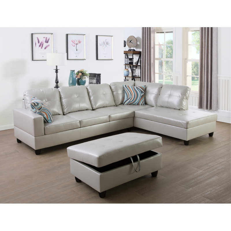 Canapé et chaise longue avec repose-pieds Beesley, Orienté à droite, Noir, Similicuir gris pâle poudré