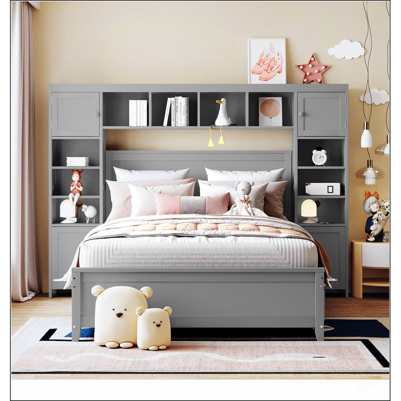 Lit en bois avec rangement pour tête de lit et tiroirs sous le lit - 10 tablettes, 4 armoires, 4 tiroirs, pin massif, Gris