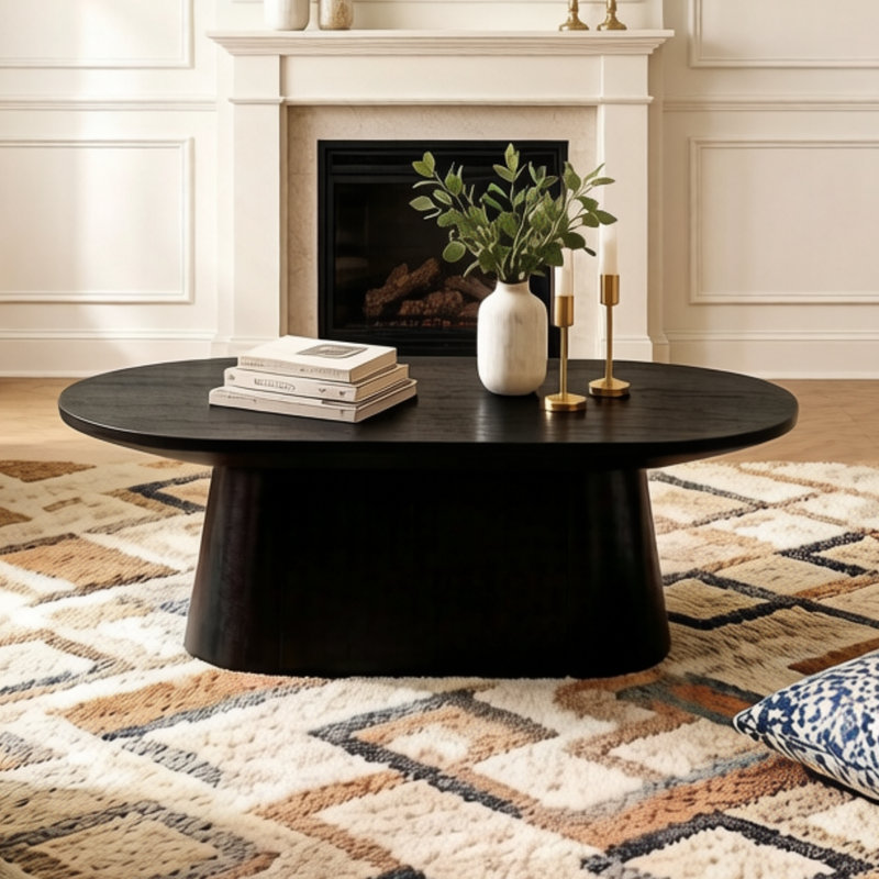 Table basse moderne en bois massif 47,2 "avec plateau ovale spacieux, noir, Noir