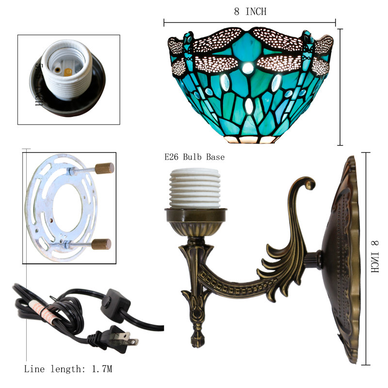 Applique murale Tiffany de style vitrail bleu 8 x 10,5 x 11 pouces pour lampe de chevet dans le couloir (style libellule bleu-vert)