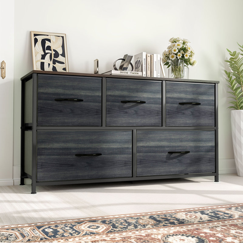 Commode de rangement avec 5 tiroirs de 2 tailles différentes, Grain de bois noir