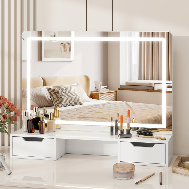 Large Hollywood Vanity Mirror with LED Light Strip, Tabletop Cosmetic Dressing Table Mirror with 2 Drawers & Open Storage, Smart Touch Control, White