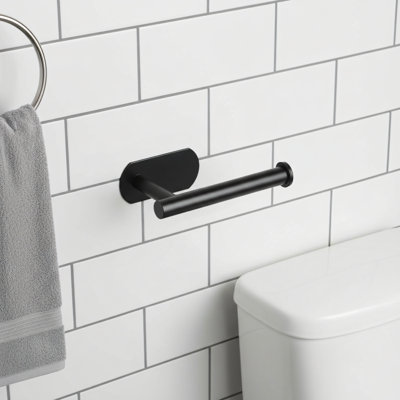 Matte Black Stainless Steel Self-Adhesive Wall-Mounted Toilet Paper Holder With 3M Adhesive Strip For Drilling-Free Installation; Bathroom-Specific Roll Paper Storage Rack.