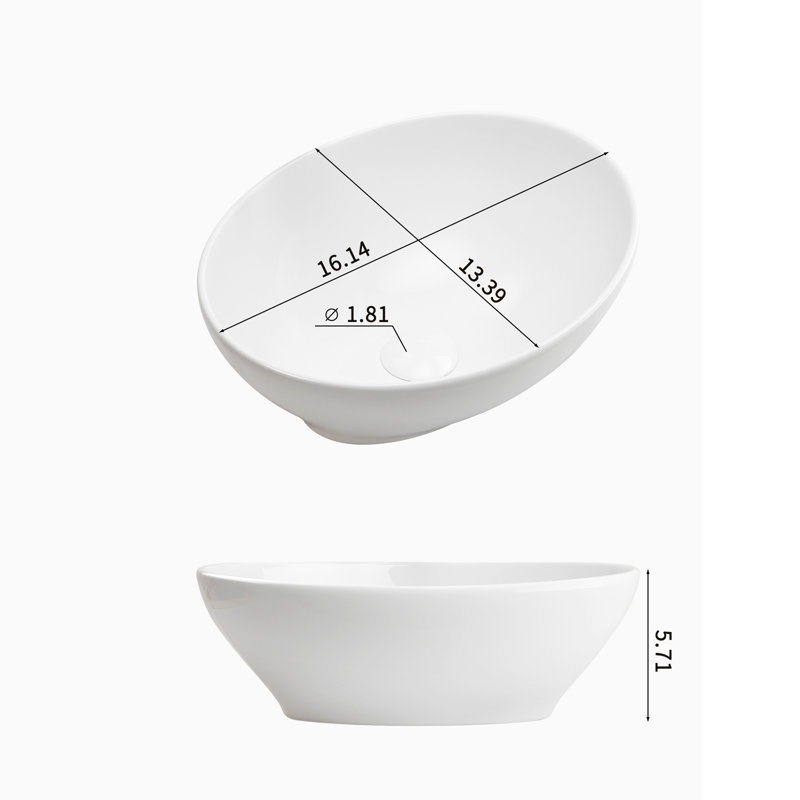 Topcraft 16" White Oval Ceramic Bathroom Vessel Sink, Top Mount Vanity Basin