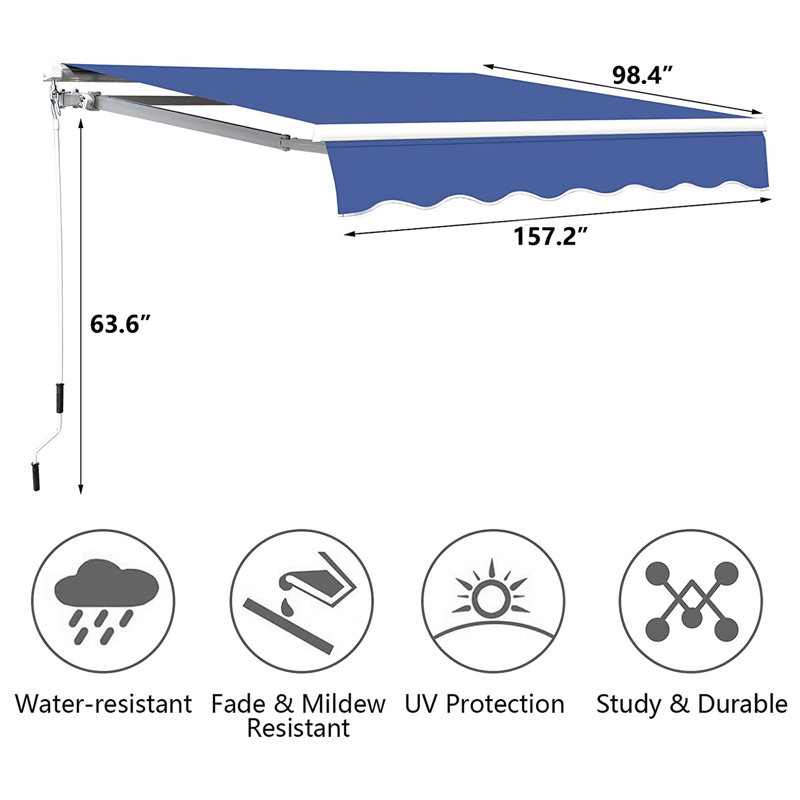 Auvent de terrasse à inclinaison manuelle, H 63,6 po x l 157,2 po x P 98,4 po, Bleu