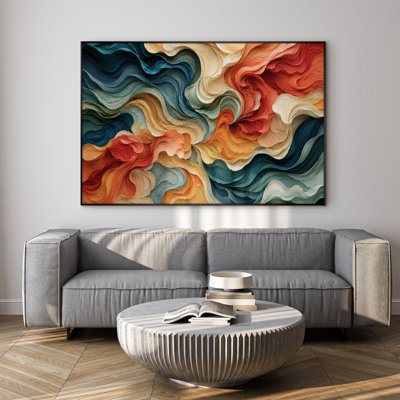 Très grand art mural imprimé sur tissu - Vagues abstraites bleu sarcelle, décor de salon contemporain - «Assemblage requis du cadre (cadre non fini)»