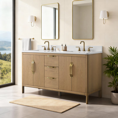 60" Double Bathroom Vanity with UL-listed Power Outlet, Carrara Engineered Stone Top and Ceramic Sink