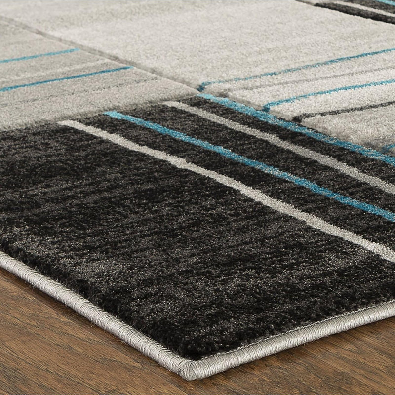 Tapis rectangulaire en polyester ciselé à la main 9 pi x 12 pi, motif de rectangles turquoise gris argenté, Grey/Black/Blue