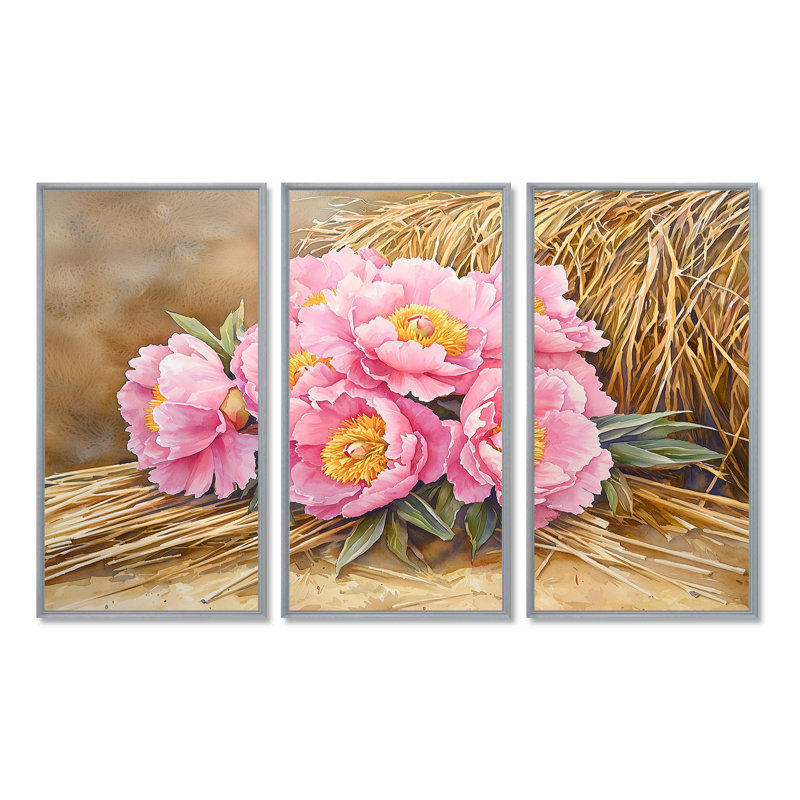 Ferme, pivoines le long de la meule de foin V - pivoines, art mural, 3 pièces, H 28 po x l 36 po, Argent argent
