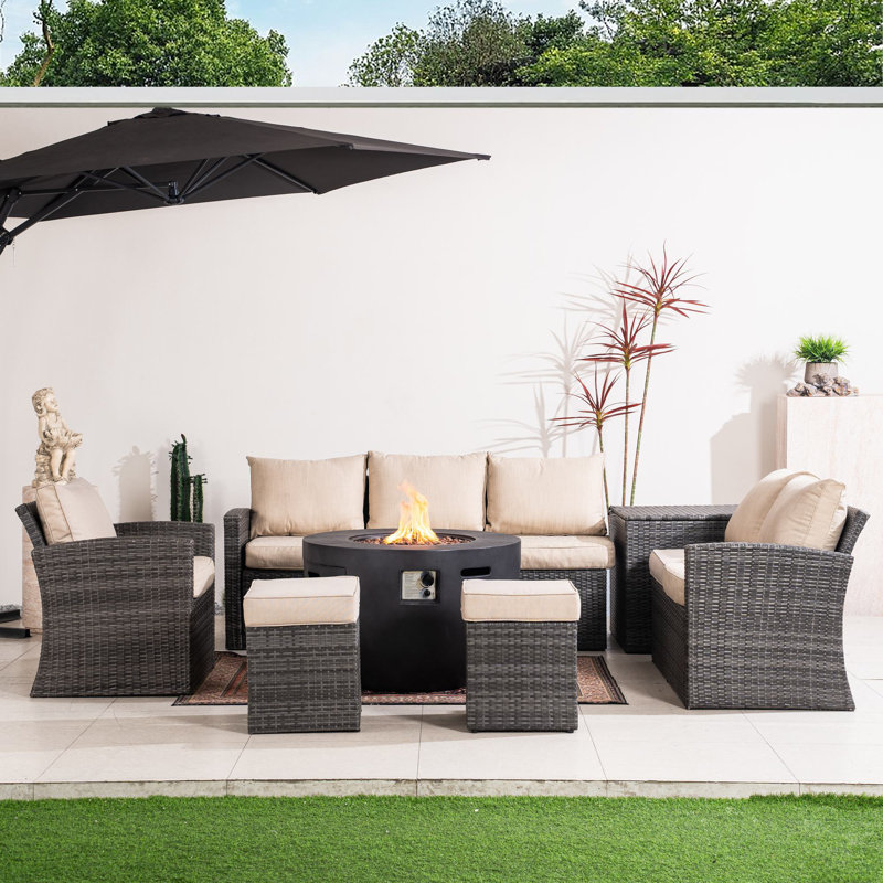 Rebecca Wicker 8 Person Conversation Set With Cushions, Gray