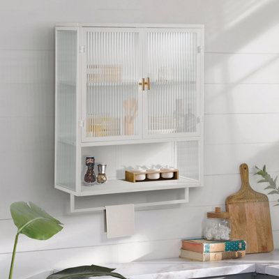 Armoire murale moderne à deux portes de 23,62 po avec deux portes, un rangement ouvert à deux niveaux, une tablette ouverte et un porte-serviettes pour le vestibule, le salon, la salle à manger et la salle à manger