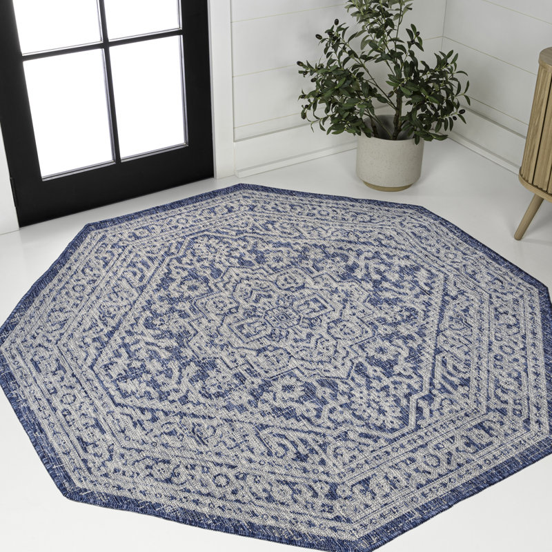 Moten Medallion Textured Weave Navy/Gray Indoor/Outdoor Rug, Octagon 7'9"