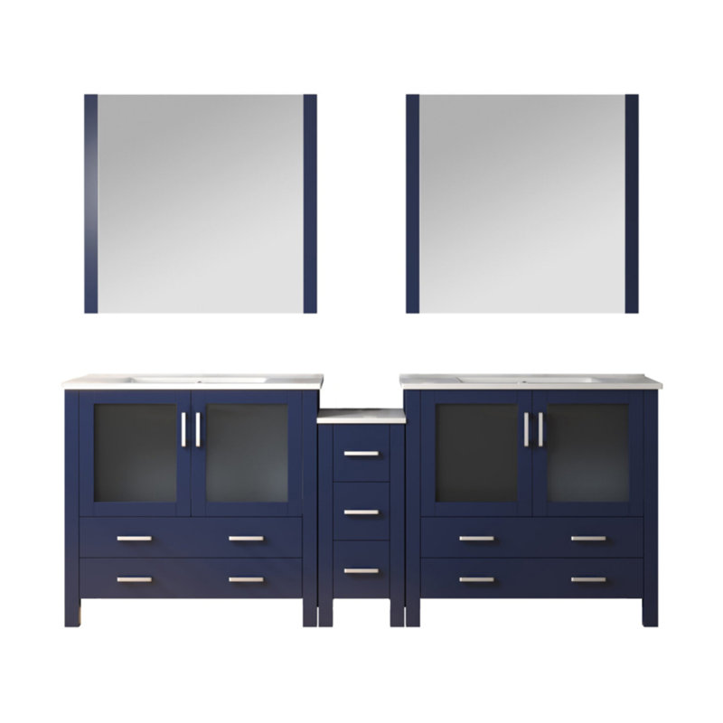 Meuble-lavabo double bleu marine 84 po X P 18,25 po D, avec armoire latérale, plateau en céramique blanche et Miroirs