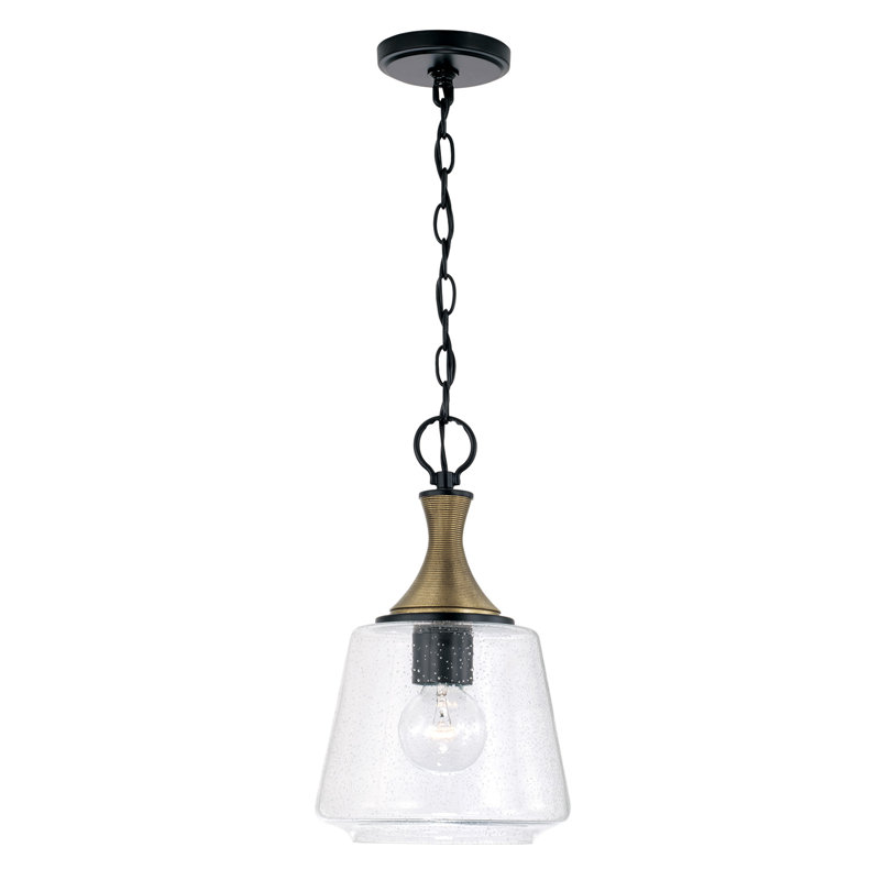 Matte Black and Brass Pendant with Seeded Glass Shade