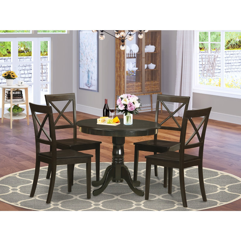 5 Piece Kitchen Table Set for 4 Includes a Round Dining Room Table with Pedestal and 4 Solid Wood Seat Chairs, Cappuccino