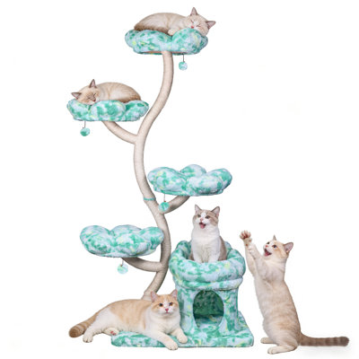 4-Layer Cat Tree Tower with Cat Bed & Hideout, Multicolor Flower Cat Tree with Scratching Post, Removable and Washable Covers