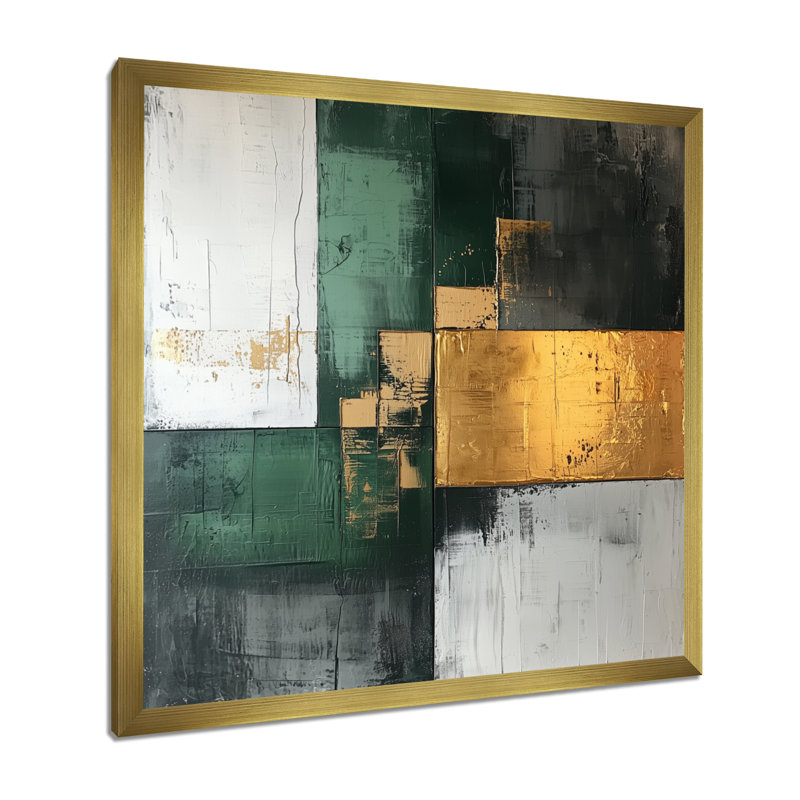 Géométrique doré vert et gris Pure Form II - art mural abstrait géométrique pour le salon, H 36 po x l 36 po, Doré