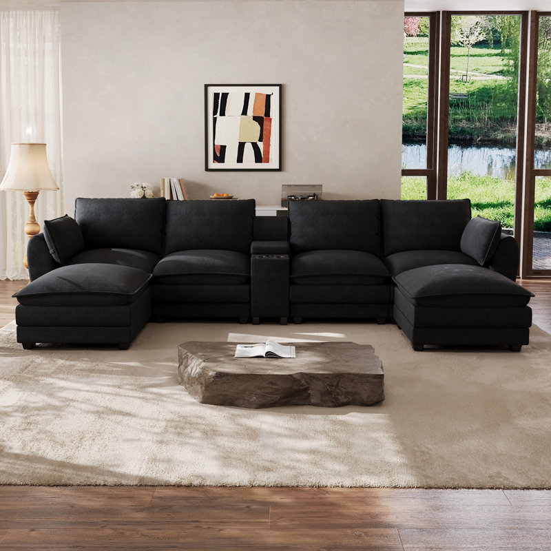 Canapé modulaire en chenille en U 145 po avec console et porte-gobelets en U 145 po, En forme U, Noir