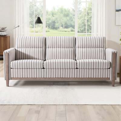 Three - Seater Solid Wood , Blue And White Stripes, Soft Cushions, High Resilience Sponge, Pp Cotton , Imported Rubber Legs, 79.5", Living Room Accent Comfortable Stripes Wood, Transformation