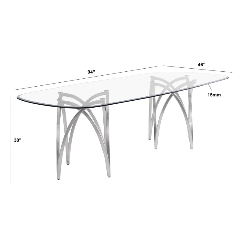 Elegant Tempered Glass Dining Table, 30"H x 94"L x 46"W, Silver