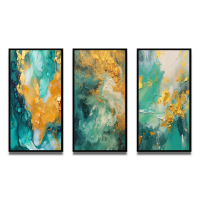 Morning Bliss Gold And Teal Marble Art Gold III - Abstract Painting Art Set Of 3 Pieces