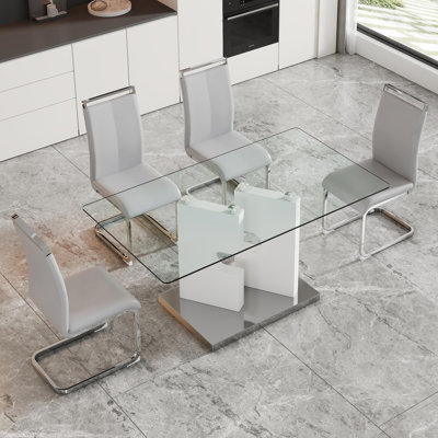 63"  Dining Table Set, Glass Dining Room Table Set With PU Leather Chairs