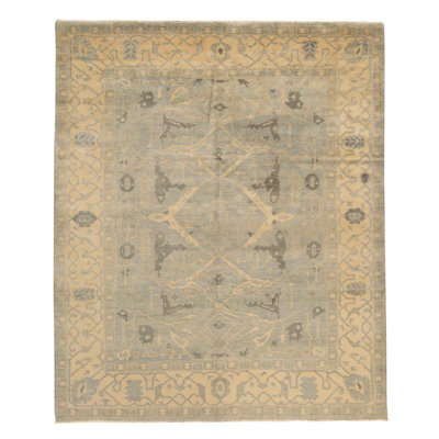 Tapis bleu foncé / ivoire noué à la main de conception unique 8 pi 1 po x 10 pi