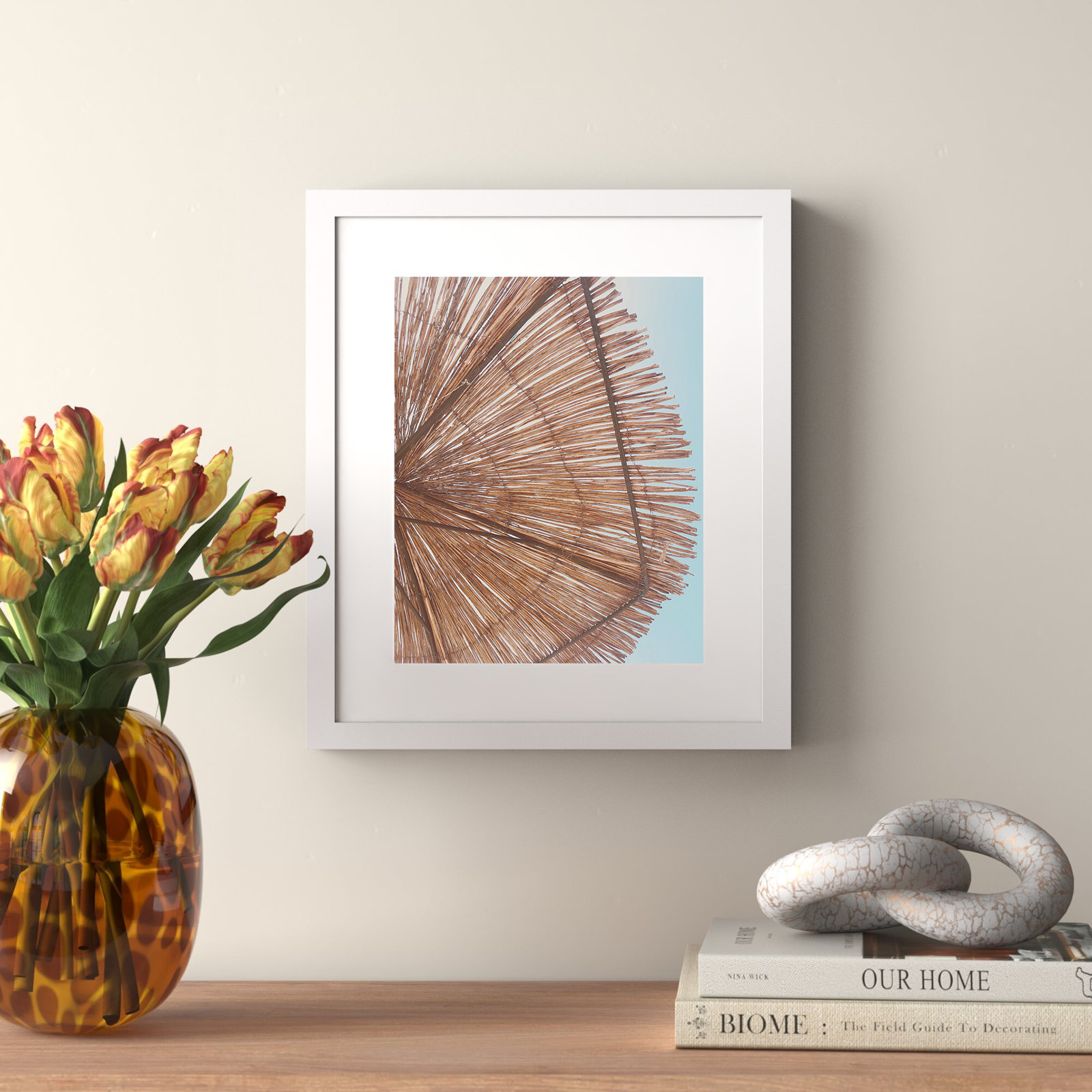 Rosy Straw Umbrella - Picture Frame Photograph, 15" H x 13" W x 1.25" D, Satin White