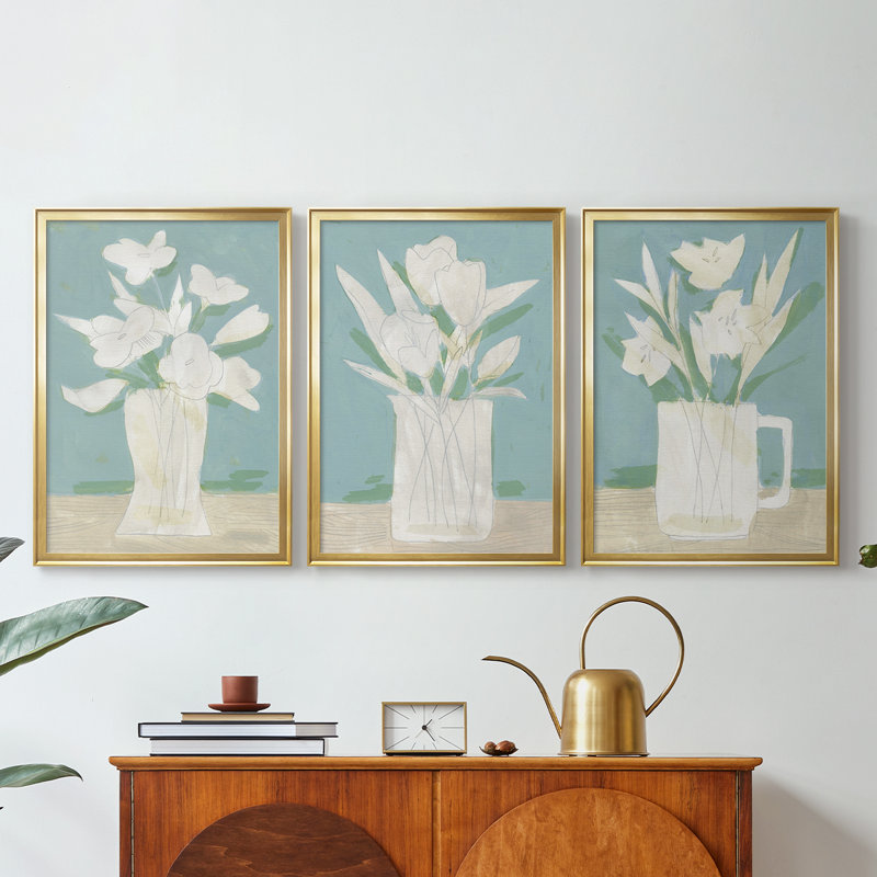 Mute Spring Arrangement I - Toile tendue avec châssis sur mesure - 3 pièces, H 21 po x l 30 po, Doré