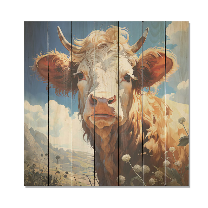 Portrait de vache dans un pré de fleurs - animal de vache sur bois, H 15 po x l 15 po