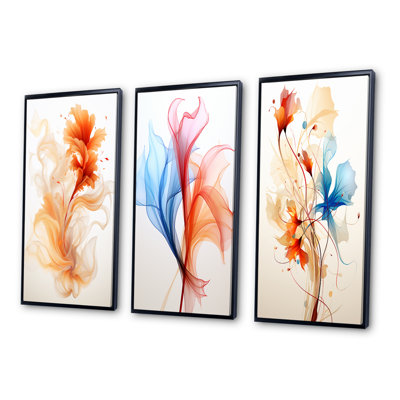 Watercolor Modern Floral In Orange - Abstract Liquid Ink Art Set Of 3 Pieces