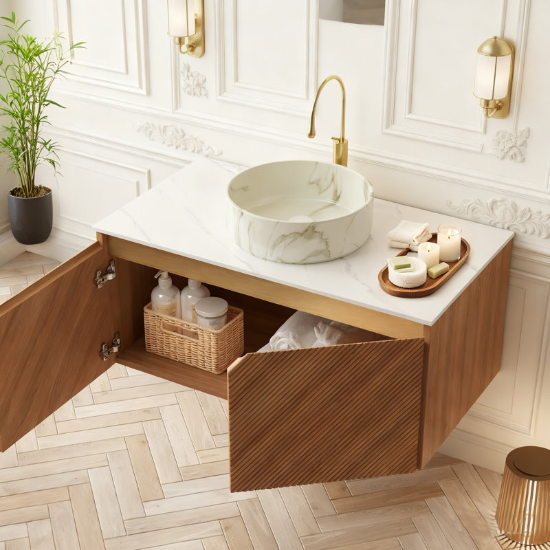 Meuble-lavabo flottant avec lavabo mural 36 po RUBEN, Chêne brun, 36", Blanc