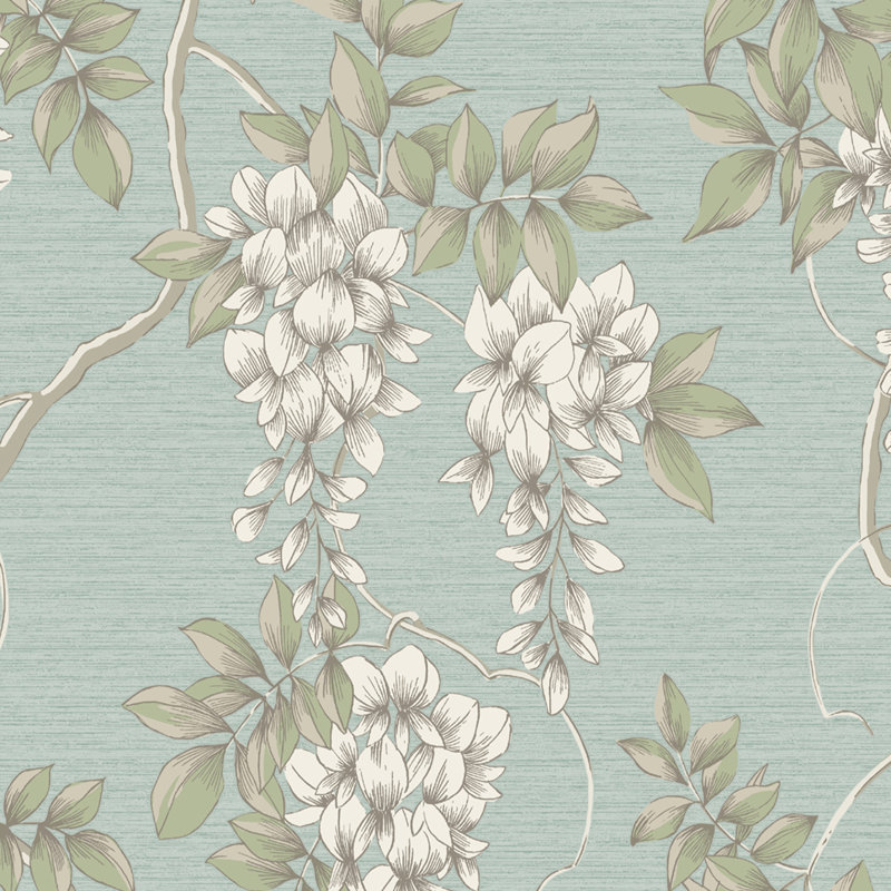 Zen Floral Metallic Wallpaper Double Roll, Duck Egg
