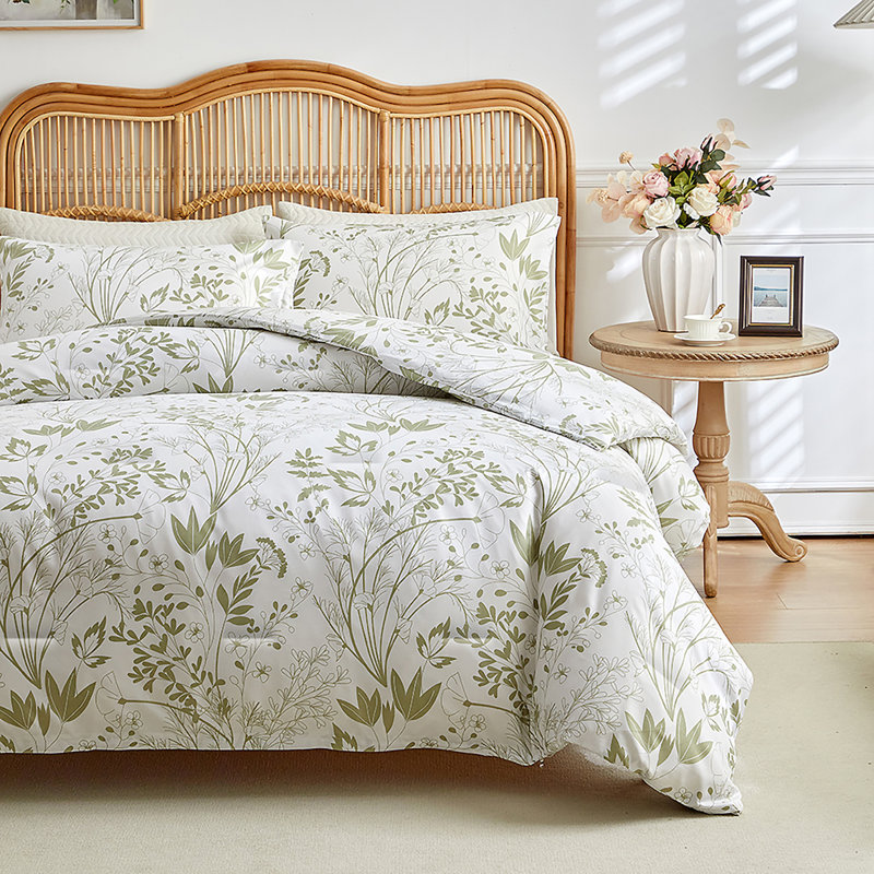 Ensemble d'édredon en duvet synthétique Bohème, Édredon très grand + 2 taies décoratives, Blanc/vert