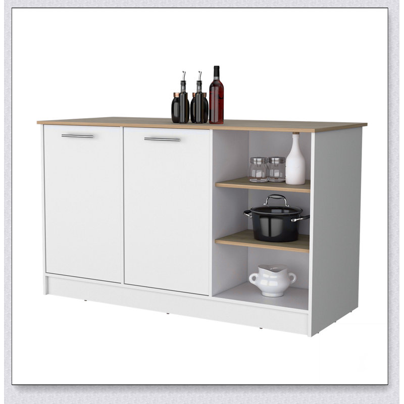 Îlot de cuisine en frêne à 2 portes avec 3 tablettes ouvertes, beaucoup de rangement et esthétique moderne pour une organisation efficace de la cuisine.