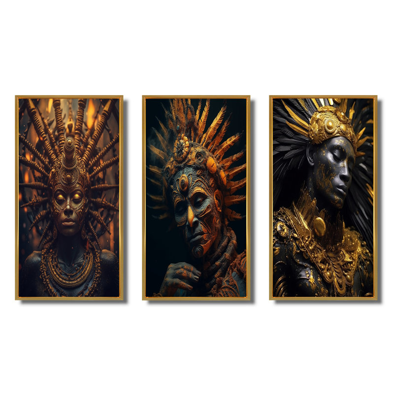 Majestic Glam Shaman Spiritual Wisdom II - Folk Religion Art Set Of 3 Pieces, Cadre flottant doré, H 40 po x l 60 po