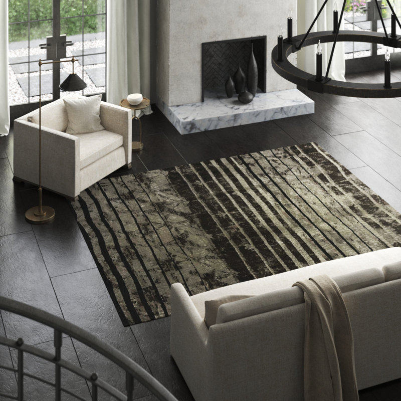 Yuki Striped Area Rug in Black/Gray/Neutral