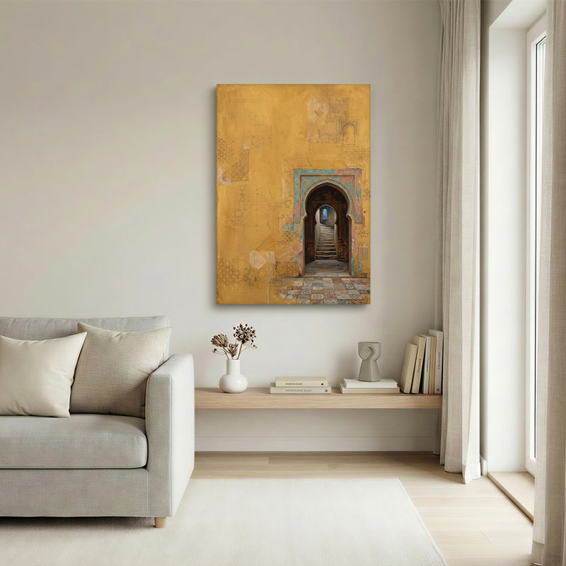 Art mural en toile avec porte arquée avec bordure bleue et croquis jaune, H 36 po x l 24 po