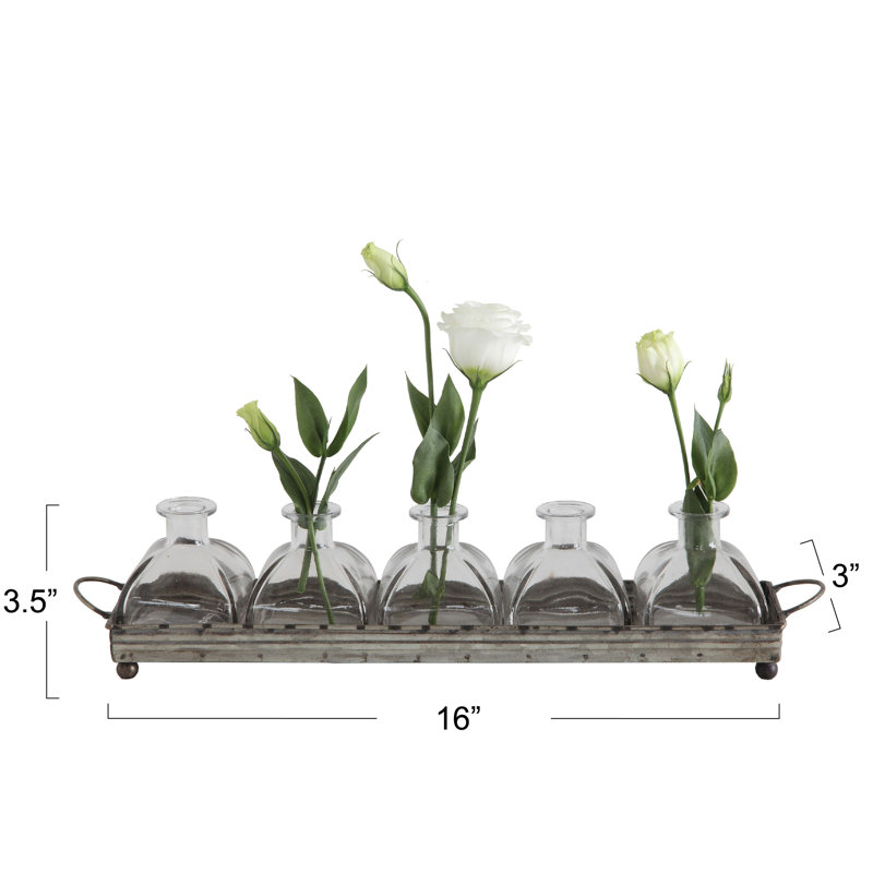 Urmas Decorative Rectangular Metal Tray with Handles and 5 Glass Vases