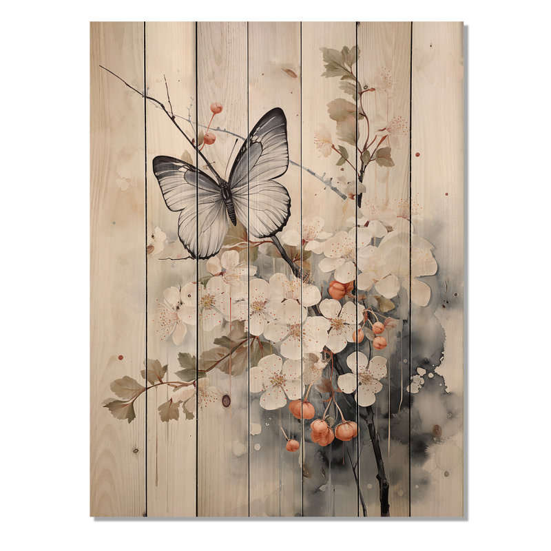 Art asiatique, papillon blanc et gris sur bois, H 32 po x l 24 po x P 0,78 po