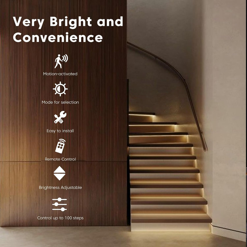 LED Smart Motion-Activated Stair Light with Remote Controlled Motion LED Step Light LED, Stair Lighting Adjustable Brightness Light Speed Steps Number(12Steps,3000k)