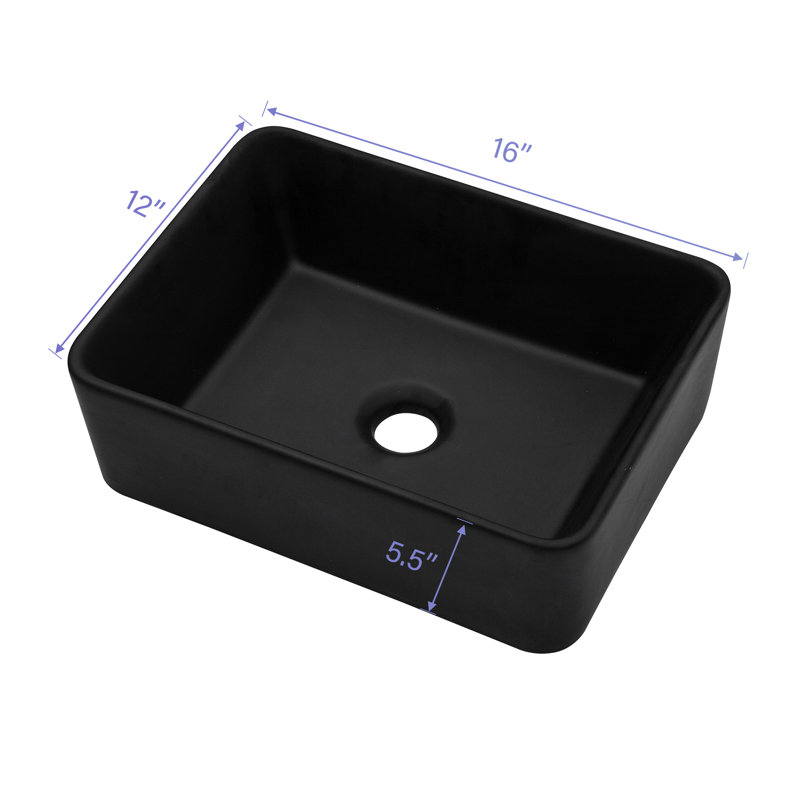 Évier rectangulaire en céramique 16 po x 12 po noir. Touche classique et moderne. Matériau, faible absorption d'eau. Teinture, surface lisse. Fixation au-dessus du comptoir. Trou de drain de 1 3/4 po. Conception de vasque de salle de bain 16 x 12 po.